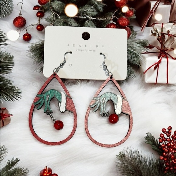 Red and Green Grinch hand Teardrop Earrings - Picture 2 of 2